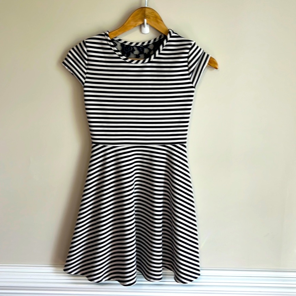 Girls sz 10 dress Navy and White striped with lace back